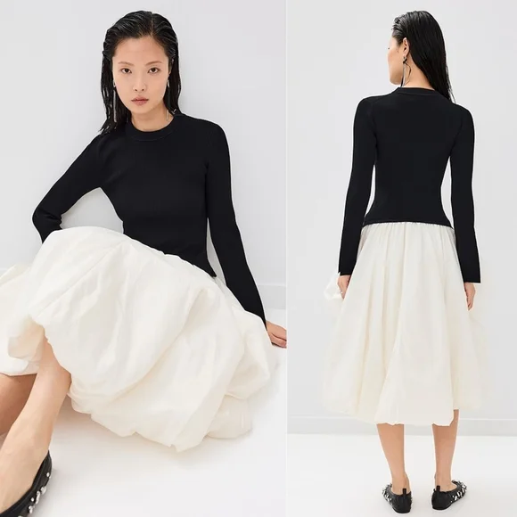 Simkhai Kenlie Midi Dress Black White Ribbed Knit Taffeta Bubble Hem Size S - Picture 10 of 12